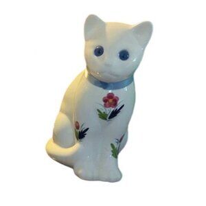 Ceramic Cat Figurine With Blue Eyes & Floral Design By ELPA Alcobaca Portugal